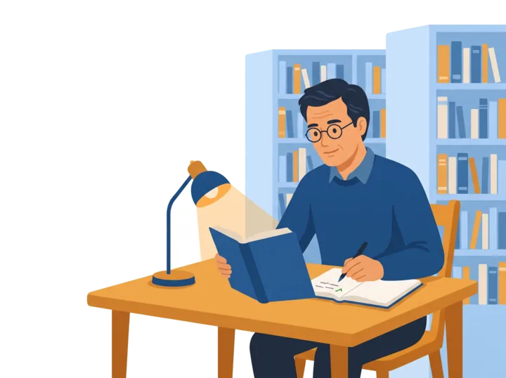 A man in glasses reads a book at a desk under a lamp and makes notes, with bookshelves behind him.