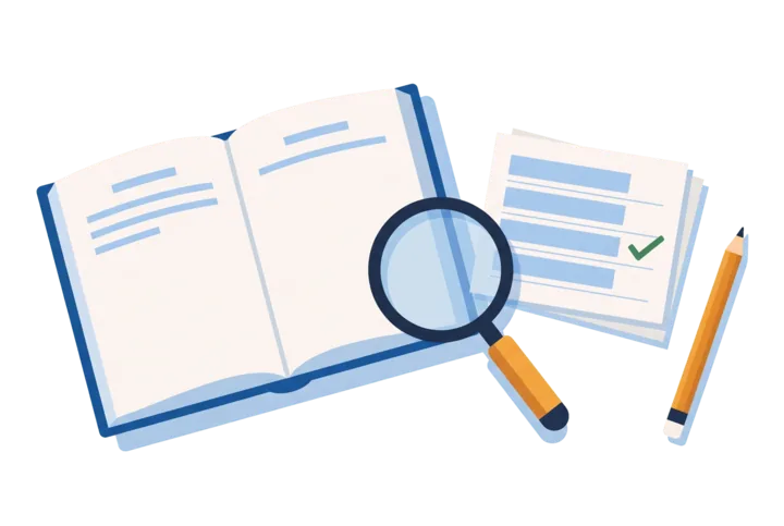 An open book, a magnifying glass, a pencil and an answer sheet with a green tick.