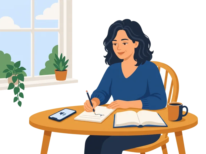 Una mujer escribe una oración en un papel sobre una mesa, con un libro abierto y un teléfono que reproduce audio a su lado.