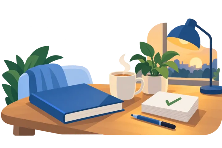 A desk with a closed blue book, a cup of tea, a pen and a card with a green tick, by a window at sunset.