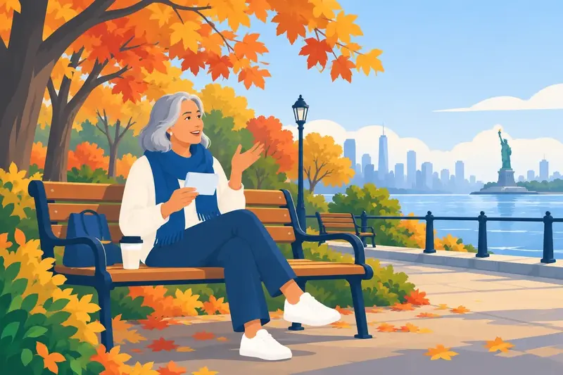Una mujer sentada en un banco de un parque en otoño sostiene una tarjeta y habla, con la Estatua de la Libertad y los edificios de Nueva York al otro lado del agua.